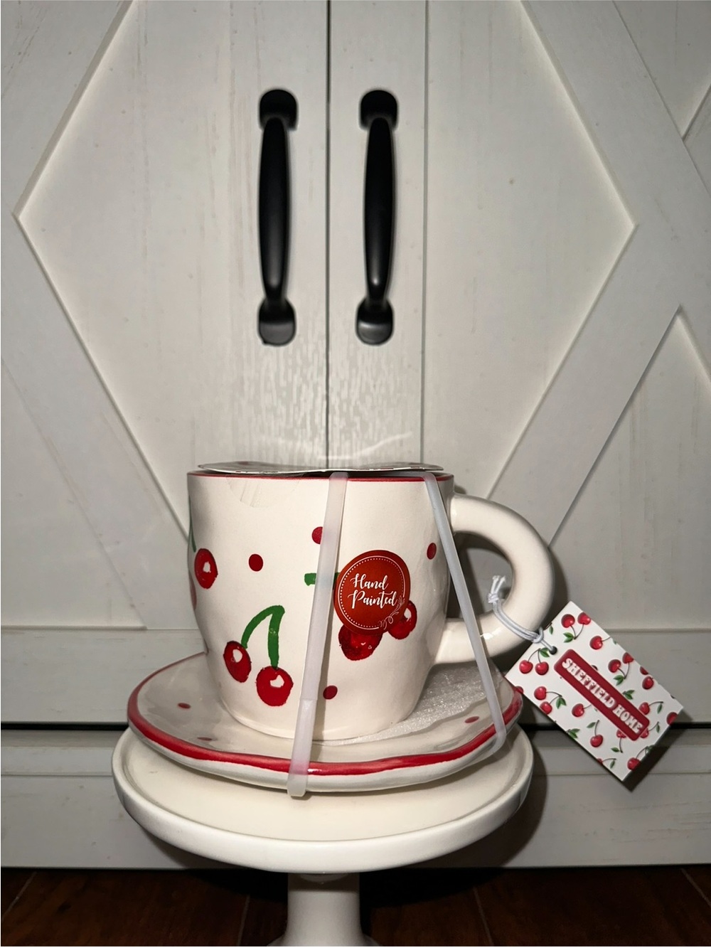 Sheffield Home White Cherry Hand-Painted Mug and Saucer Set